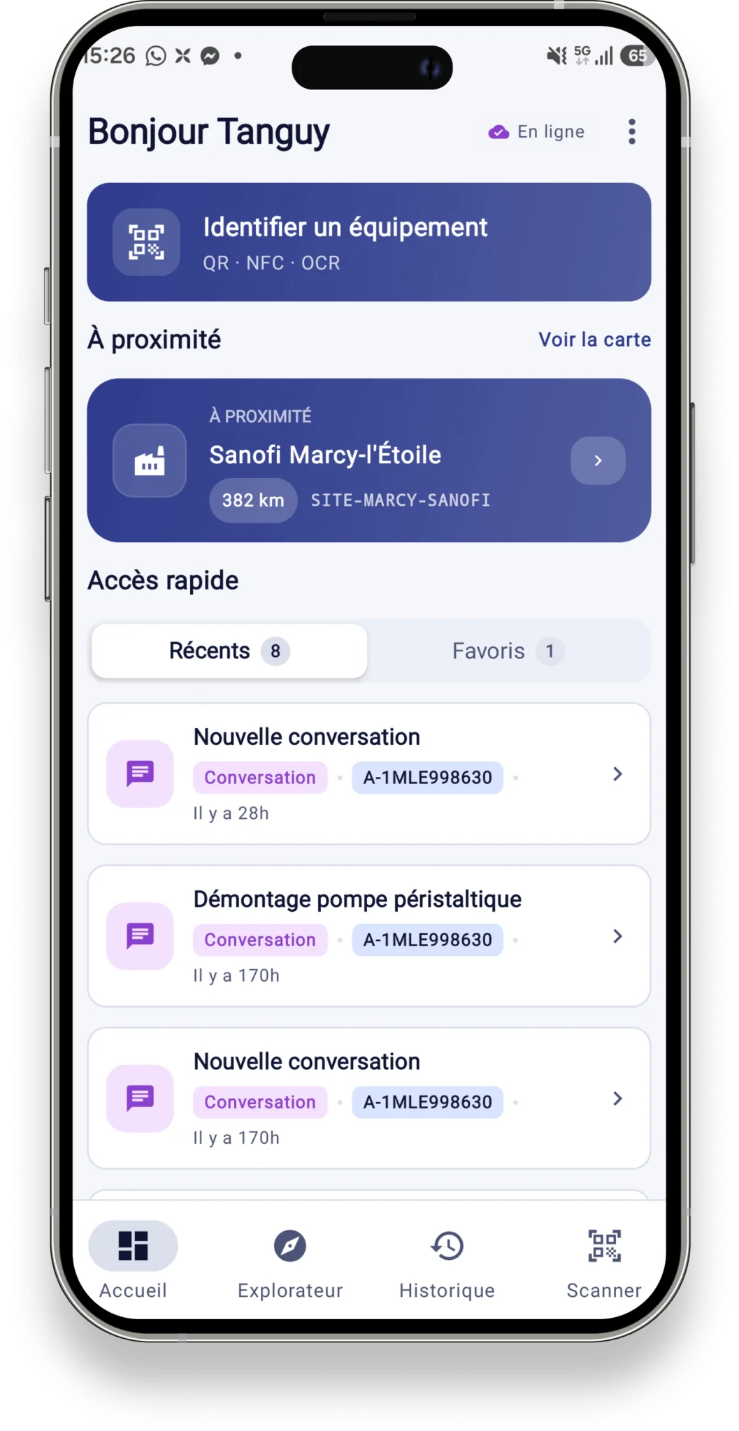 Écran d’accueil de l’application AUGGO : identification d’un équipement et accès rapide