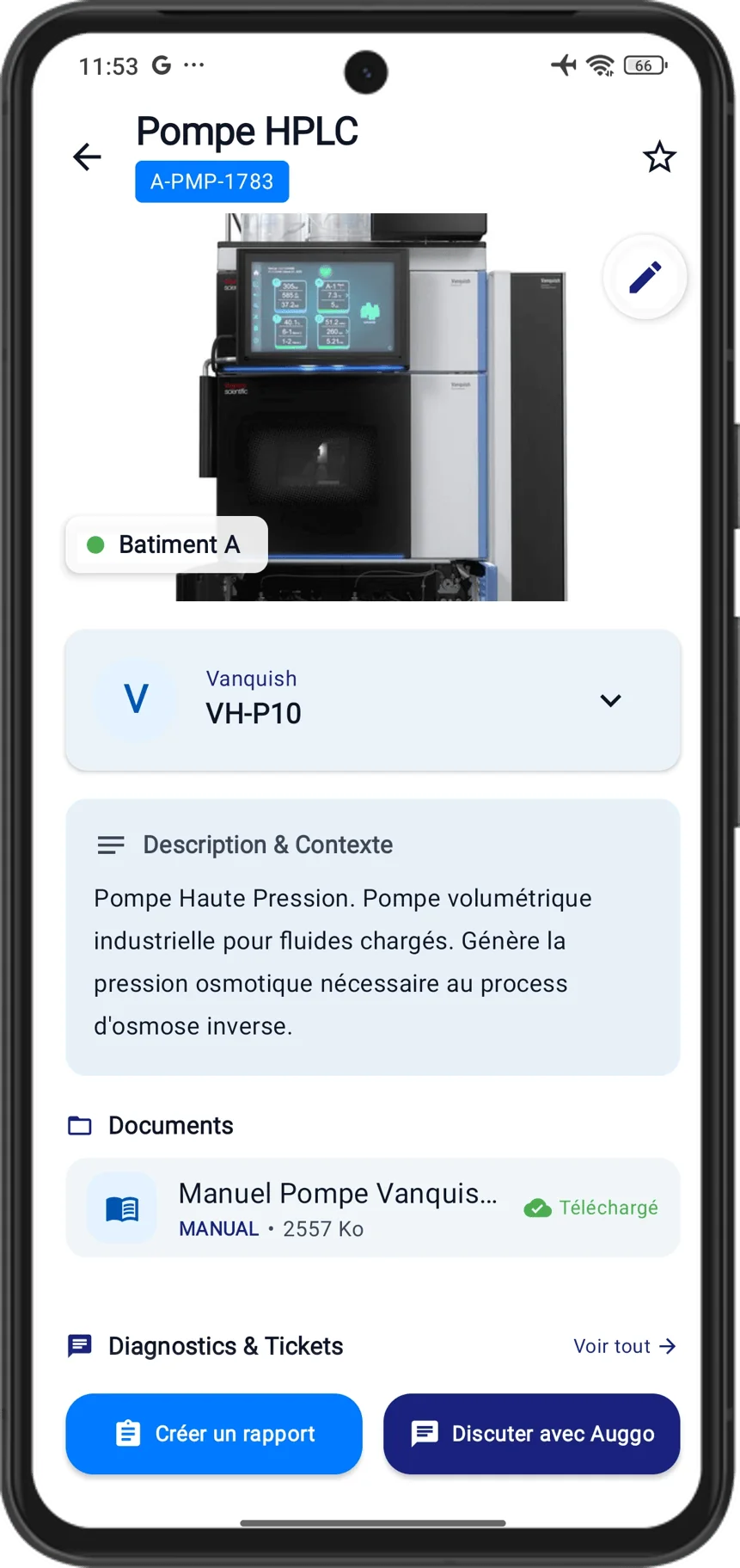 Fiche équipement dans l’application AUGGO : documents, diagnostics et tickets