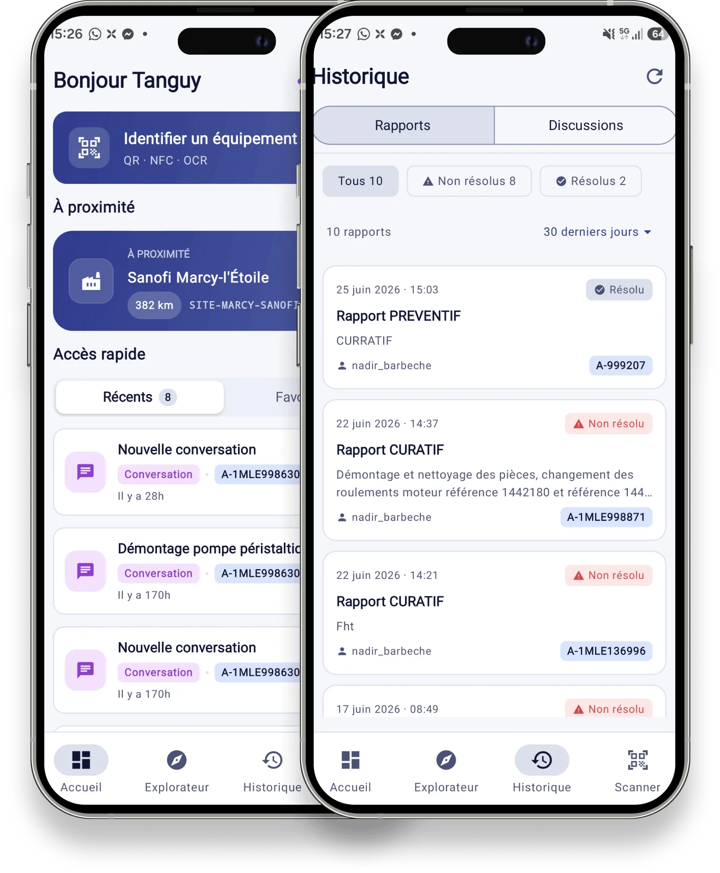 Application AUGGO : accueil et historique des rapports d’intervention